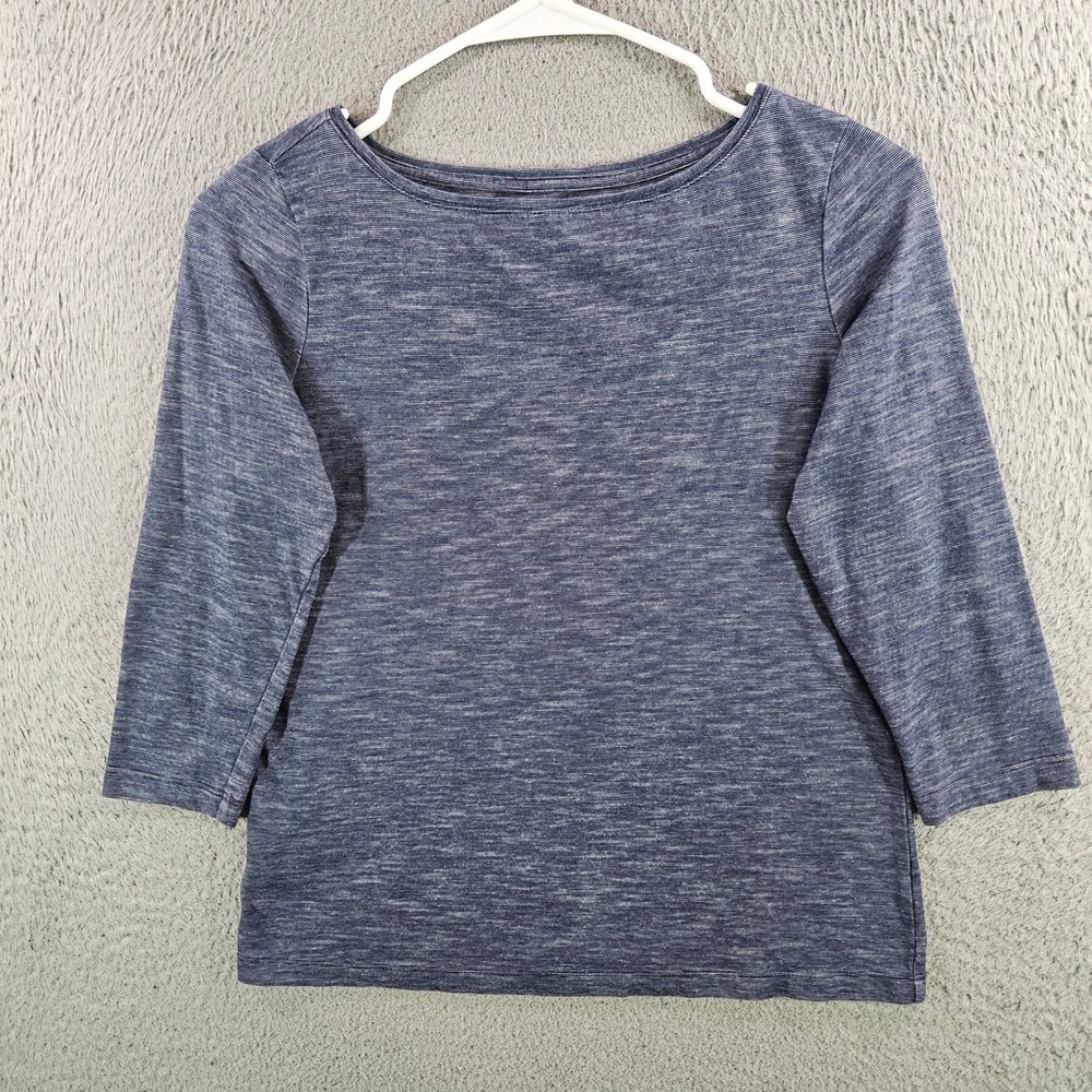 Talbots Petite Blue Space Dye 3/4 Sleeve Boat Neck Top SP Navy Heather Knit